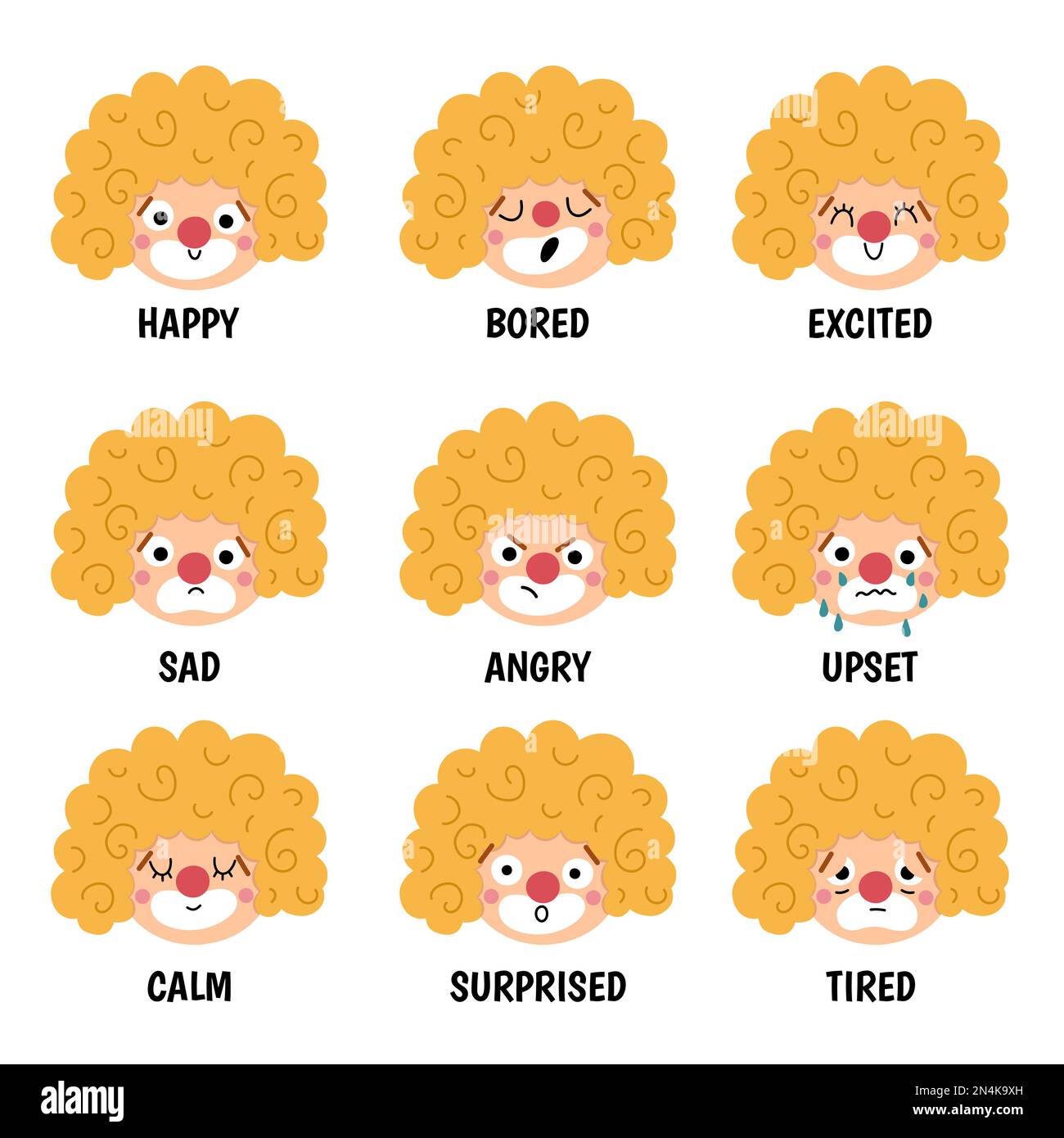 Vector set with clown faces showing feelings and emotions. Circus artists avatars clipart. Amusement heads icons. Cute funny festival characters clipa Stock Vector