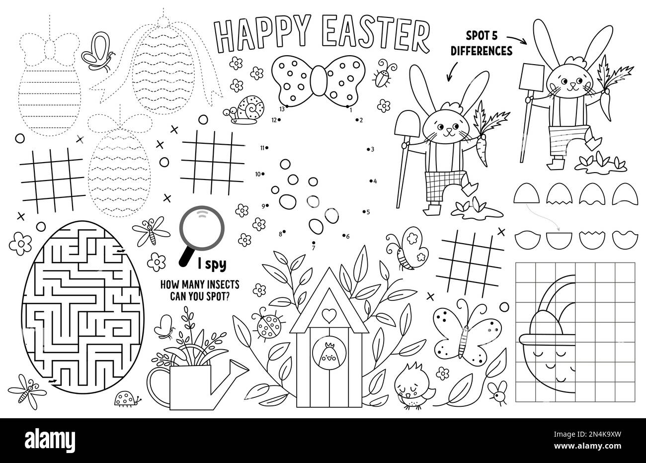 Vector Easter placemat for kids. Spring holiday printable activity mat with maze, tic tac toe charts, connect the dots, find difference. Black and whi Stock Vector