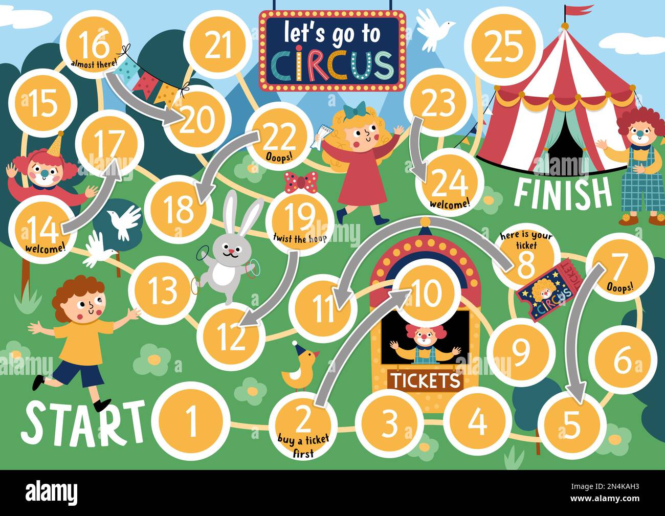 Circus dice board game for children with boy running to marqee, clowns