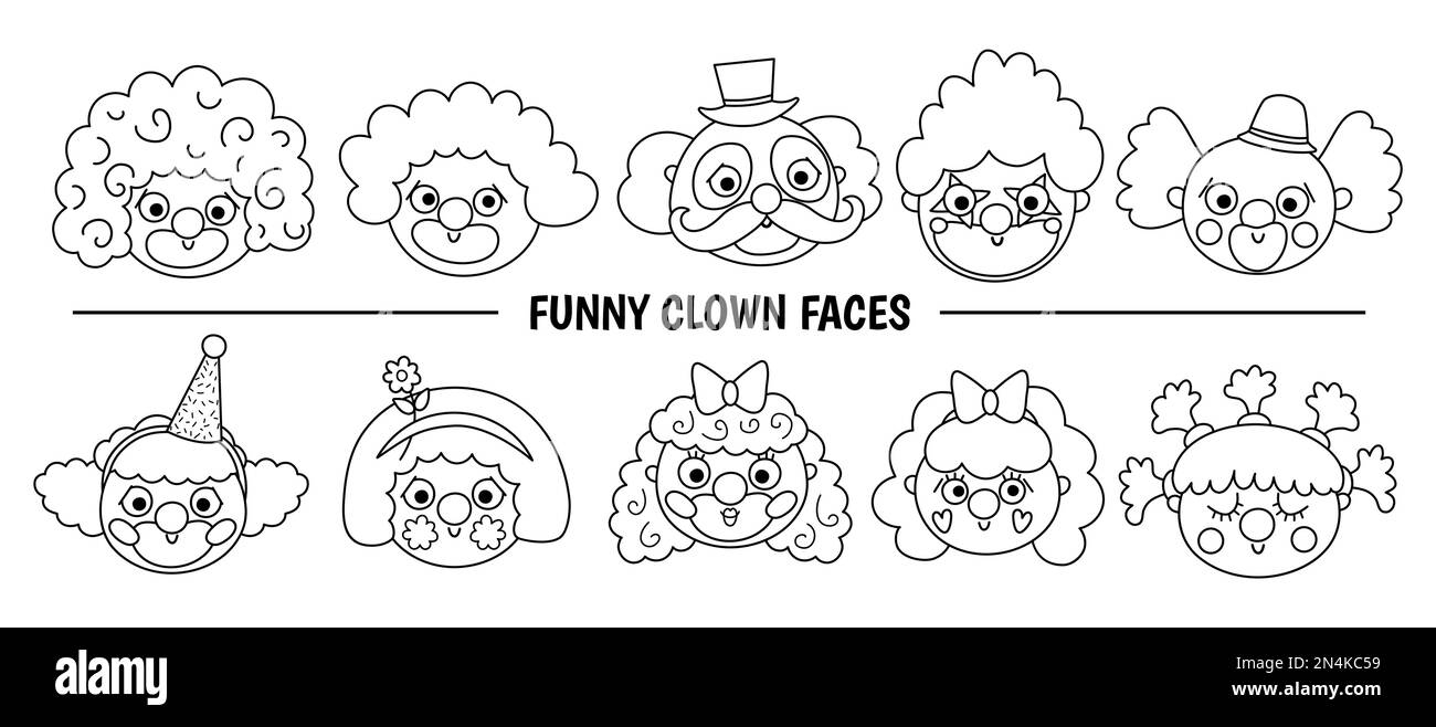 Vector set with clown faces. Circus artists avatars clipart. Amusement holiday icons pack. Cute funny festival characters clip art. Street show comedi Stock Vector
