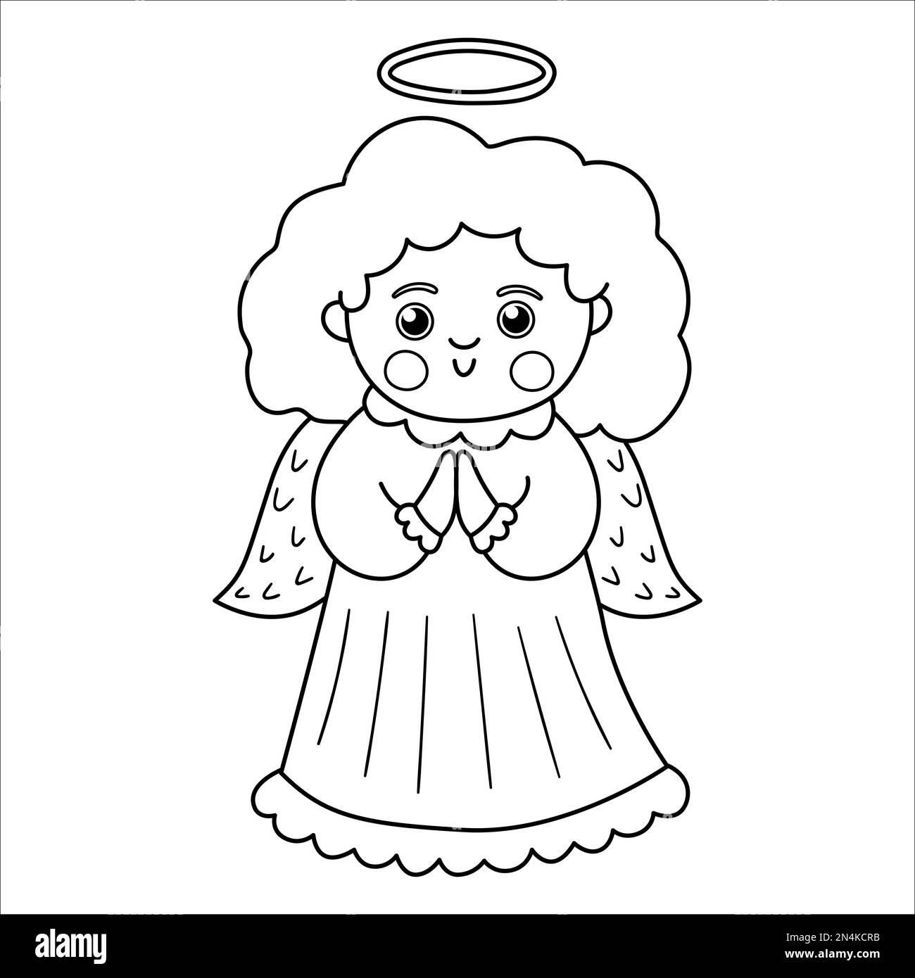 Vector black and white Angel with curly hair and halo. Cute winter ...