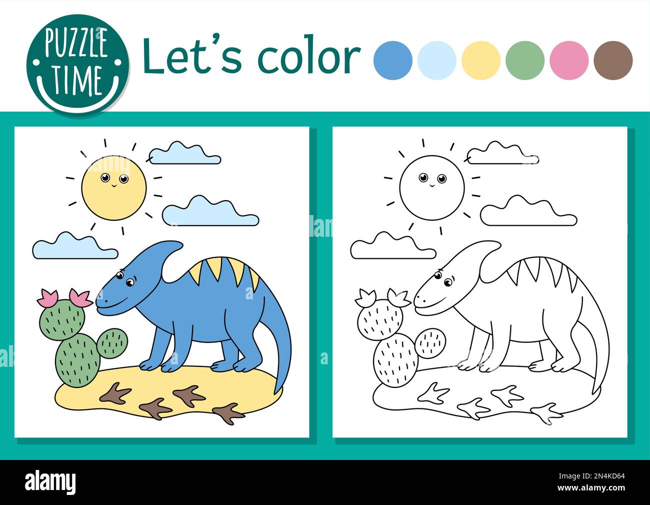 Prehistoric coloring page for children. Cute funny scene with dinosaur ...