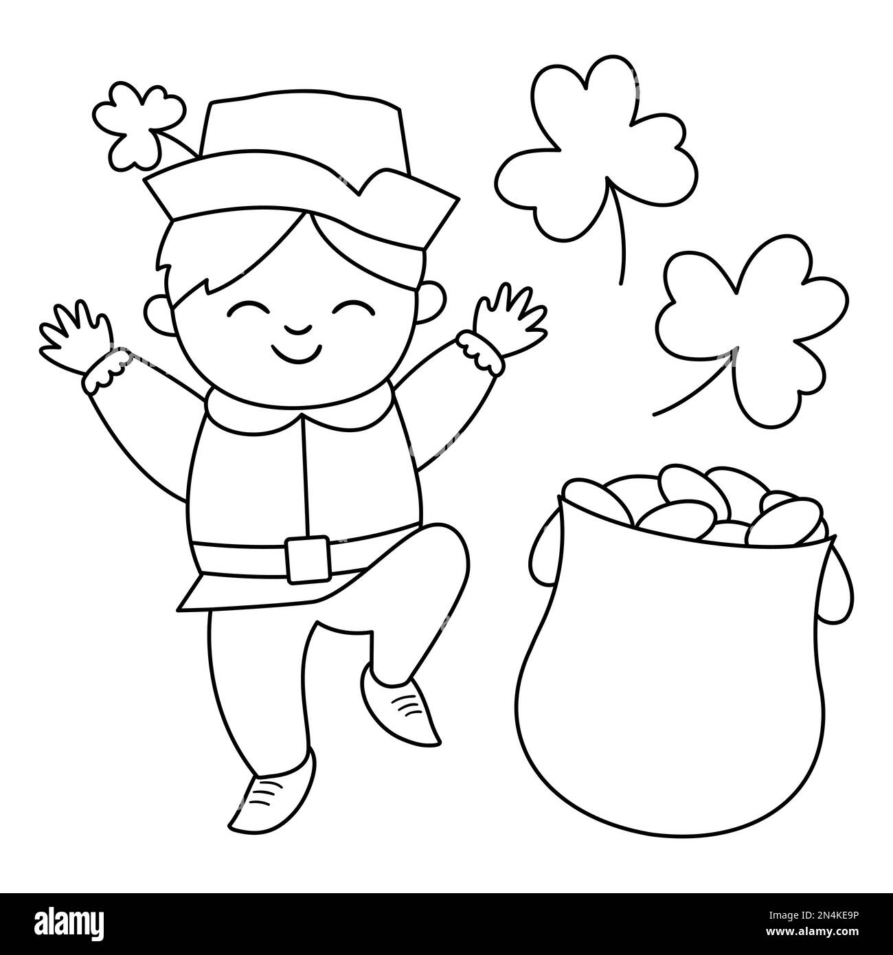 Vector black and white funny boy in traditional clothes and hat with shamrock and pot with gold. Cute outline Saint Patrick Day illustration. National Stock Vector