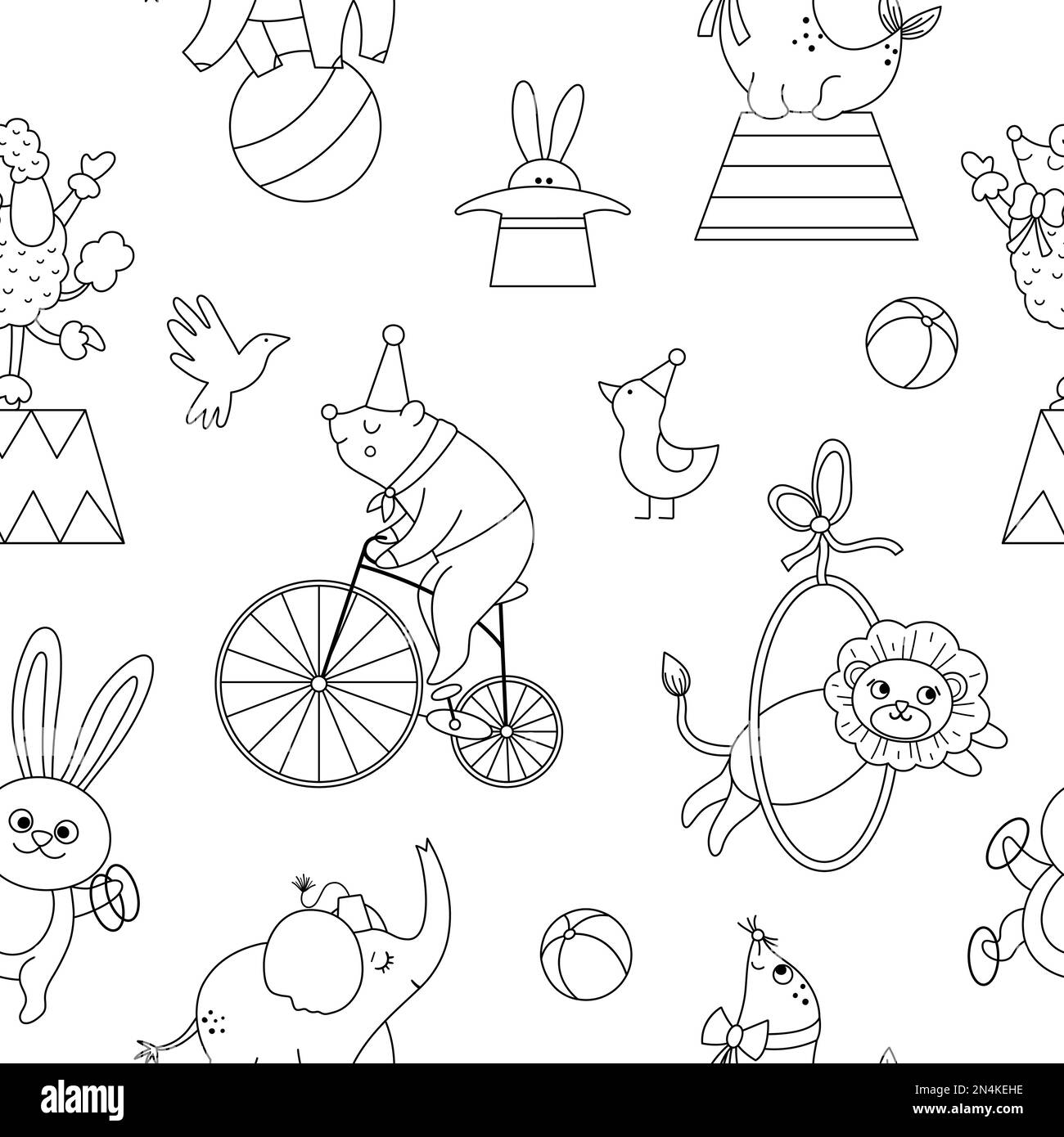 Vector black and white seamless pattern with circus animals. Amusement