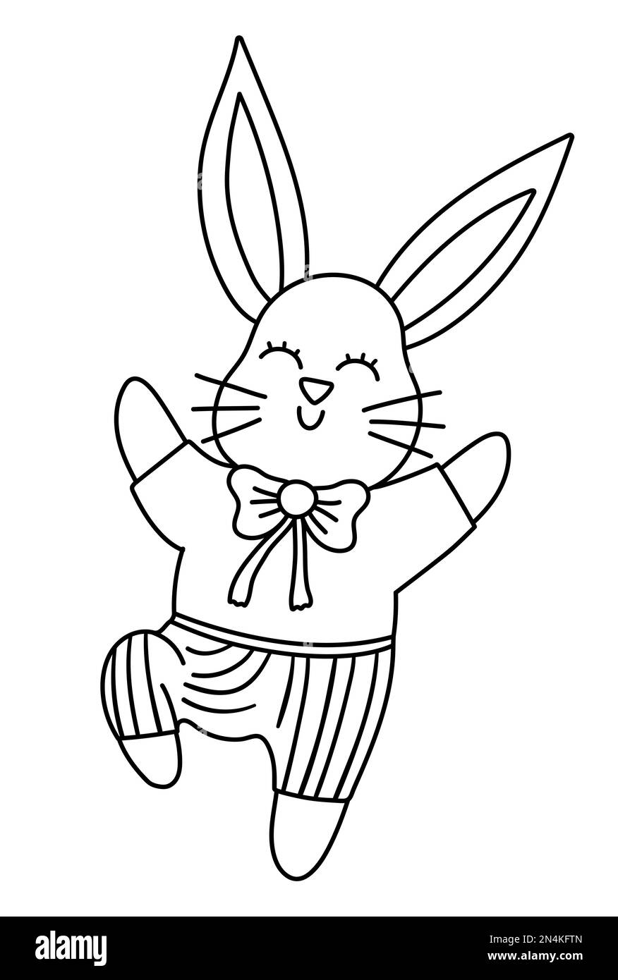 Vector black and white bunny illustration. Easter traditional animal line icon. Cute spring rabbit coloring page for kids. Happy hare in pants jumping Stock Vector