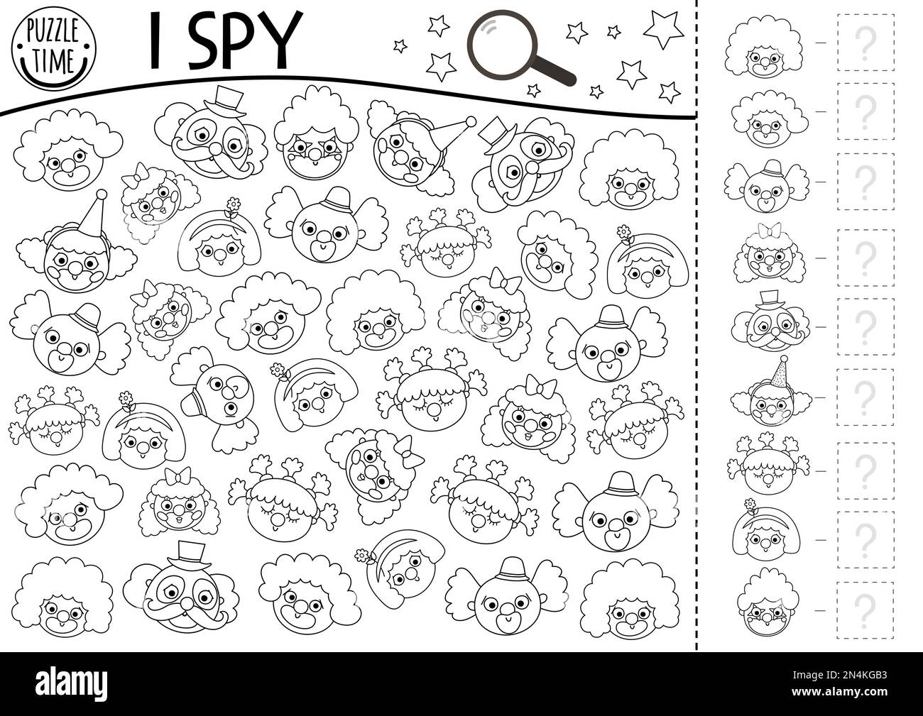 Circus black and white I spy game for kids. Searching and counting line