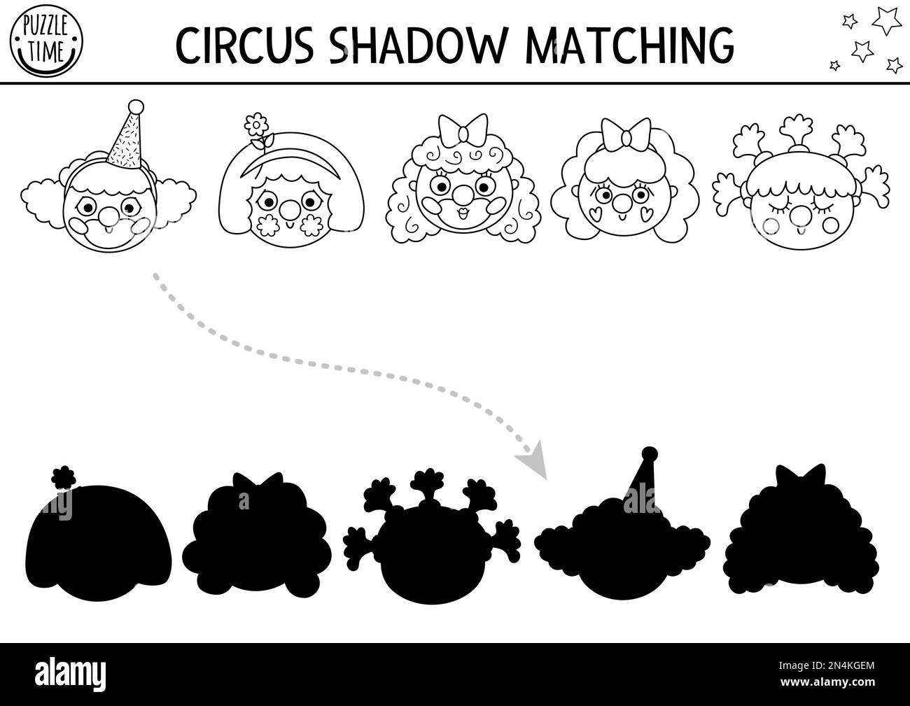 Circus black and white shadow matching activity with cute clown faces. Amusement show line puzzle. Find correct silhouette printable worksheet or game Stock Vector