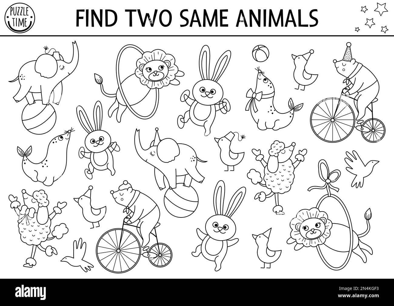 Find two same circus animals. black and white matching activity for