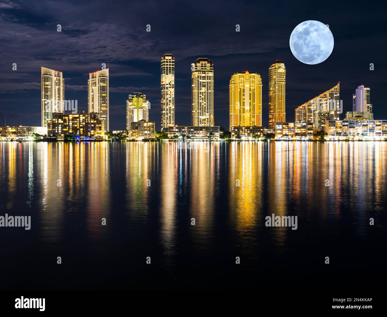 Full Moon Rise North Miami Beach, Sunny Isles Skyline at Night Trump