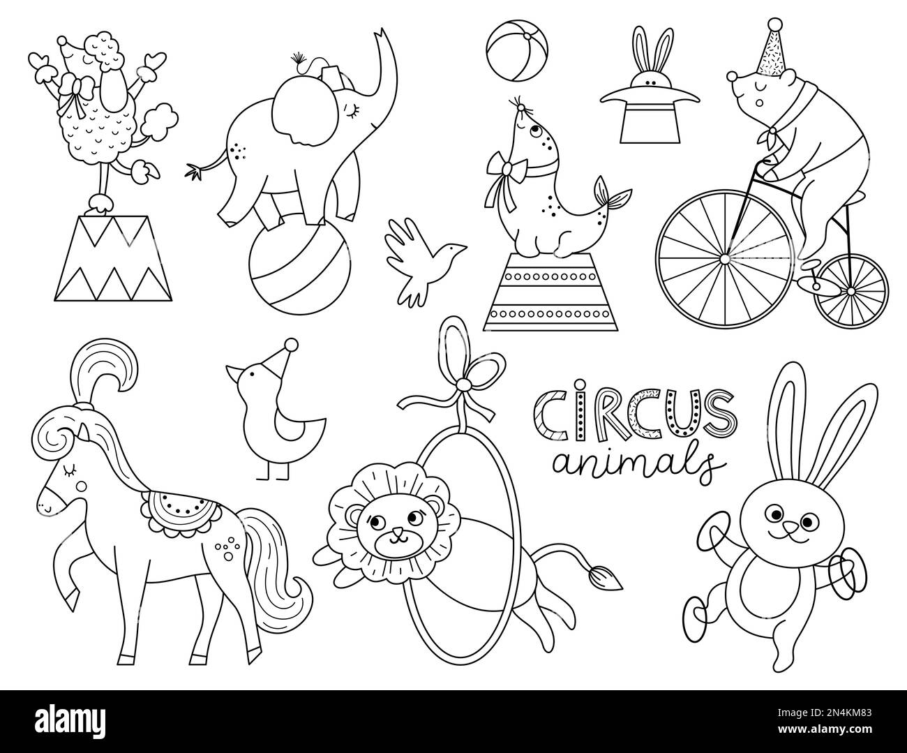 Vector black and white set with circus animals. Amusement holiday line icons pack. Cute funny festival characters clipart. Street show comedians color Stock Vector