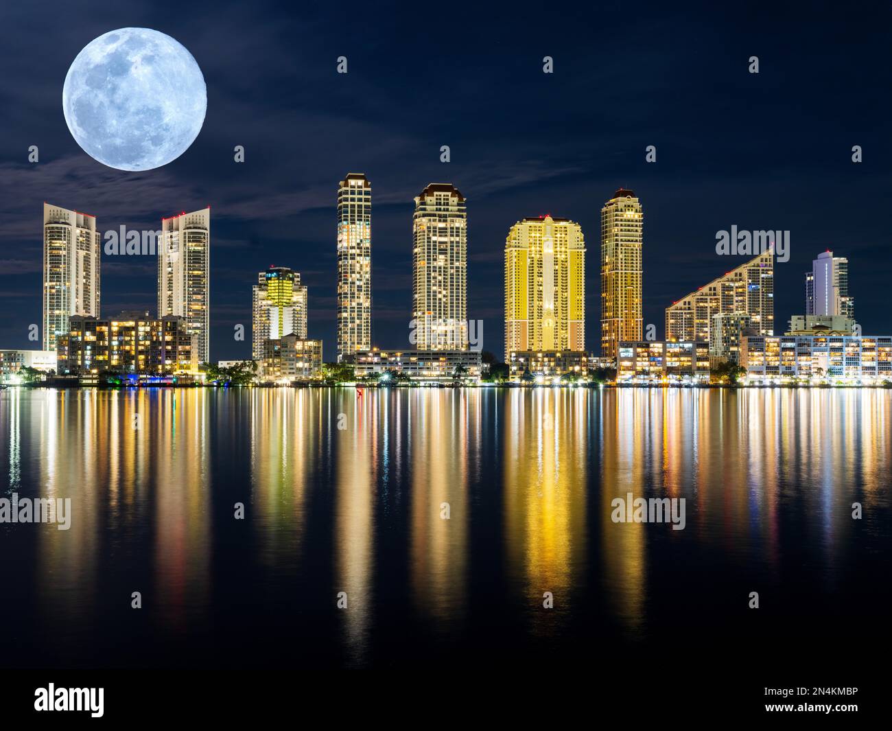 Full Moon Rise North Miami Beach, Sunny Isles Skyline at Night Trump