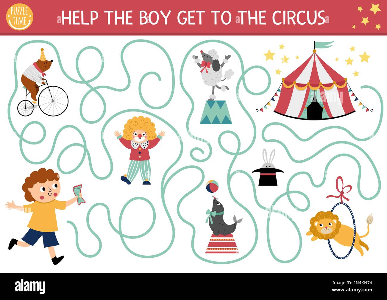 Circus maze for kids with boy running to marquee. Amusement show preschool printable activity ...