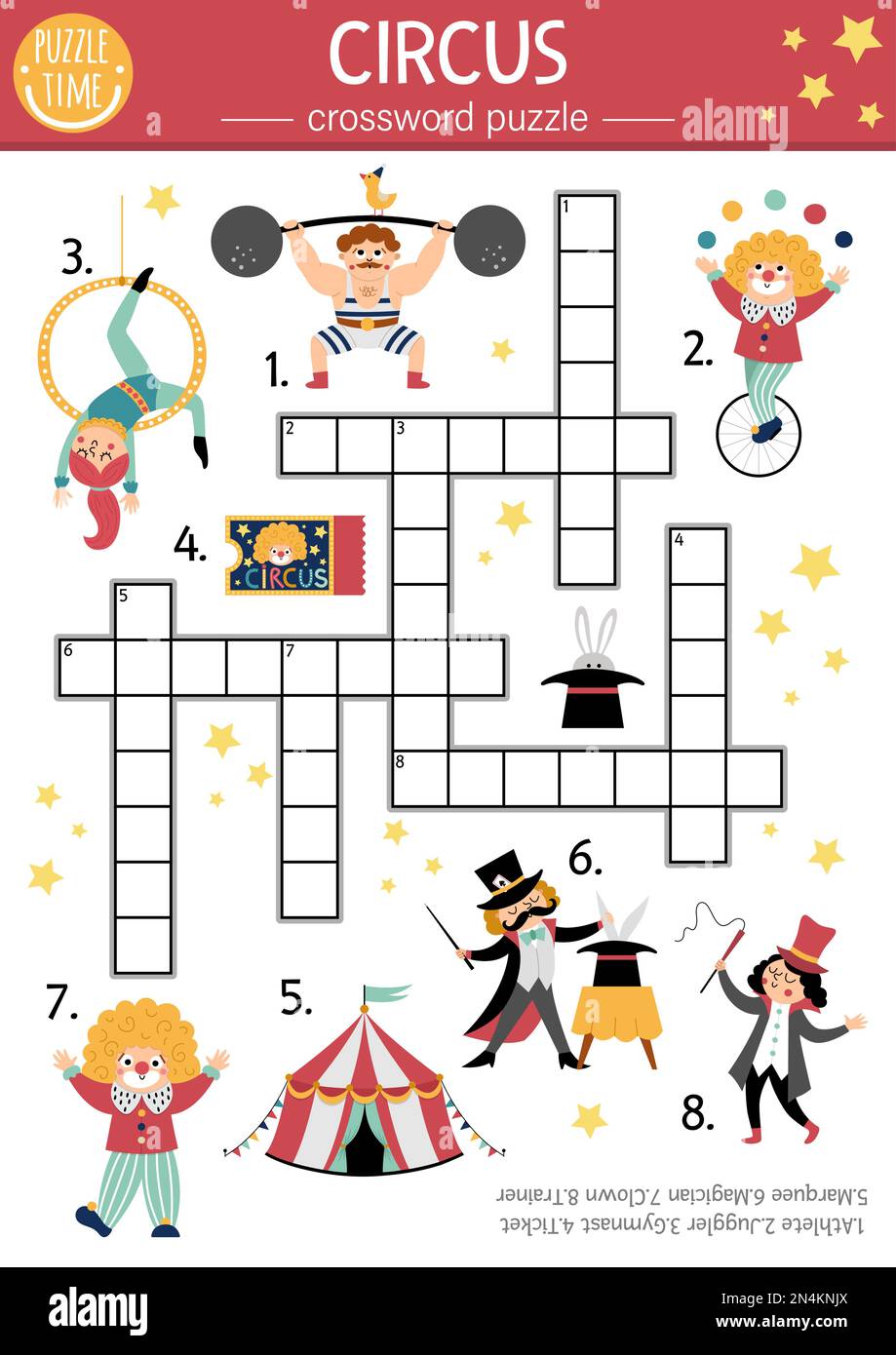 Vector circus crossword puzzle for kids. Simple amusement show quiz
