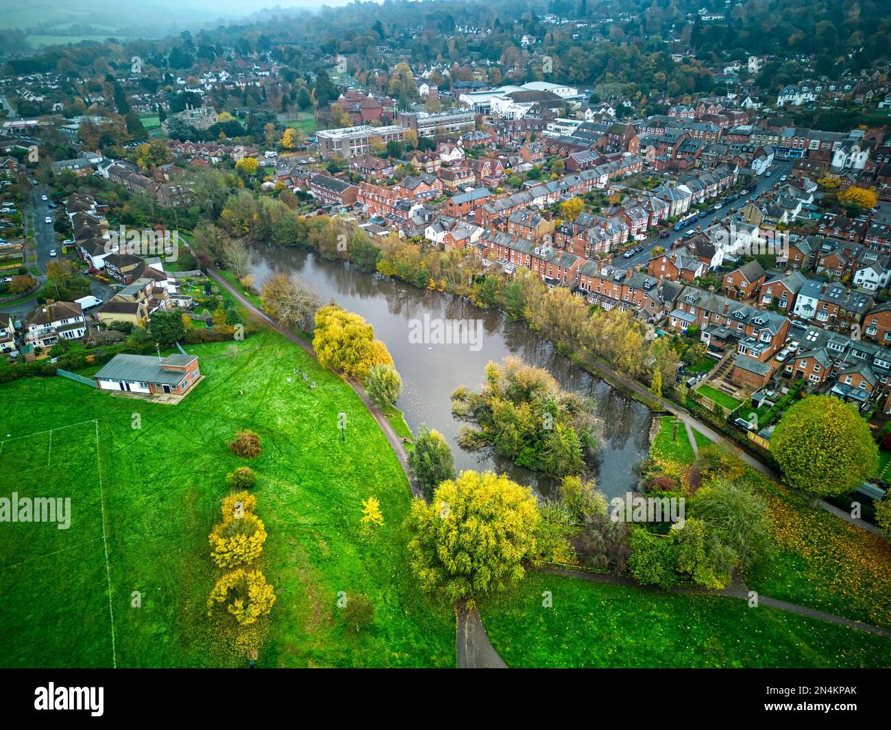 An aerial view of a city on a riverbank Stock Photo - Alamy