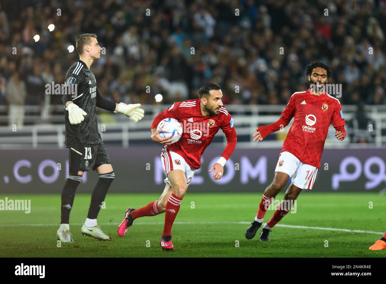 Rabat, Morocco. 08th Feb, 2023. Al Ahly's Ali Maaloul (C) celebrates scoring his side's first goal of the game from a penalty during the FIFA Club World Cup semi-final soccer match between Al Ahly and Real Madrid at Prince Moulay Abdellah Stadium. Credit: -/dpa/Alamy Live News Stock Photo