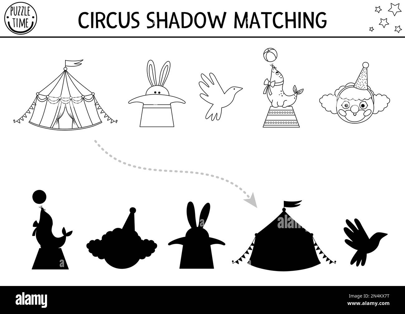 Circus black and white shadow matching activity with clown, marquee, sea lion. Amusement show line puzzle. Find correct silhouette printable worksheet Stock Vector