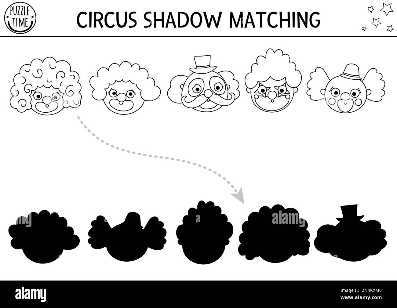 Circus black and white shadow matching activity with cute clown faces. Amusement show line puzzle. Find correct silhouette printable worksheet or game Stock Vector
