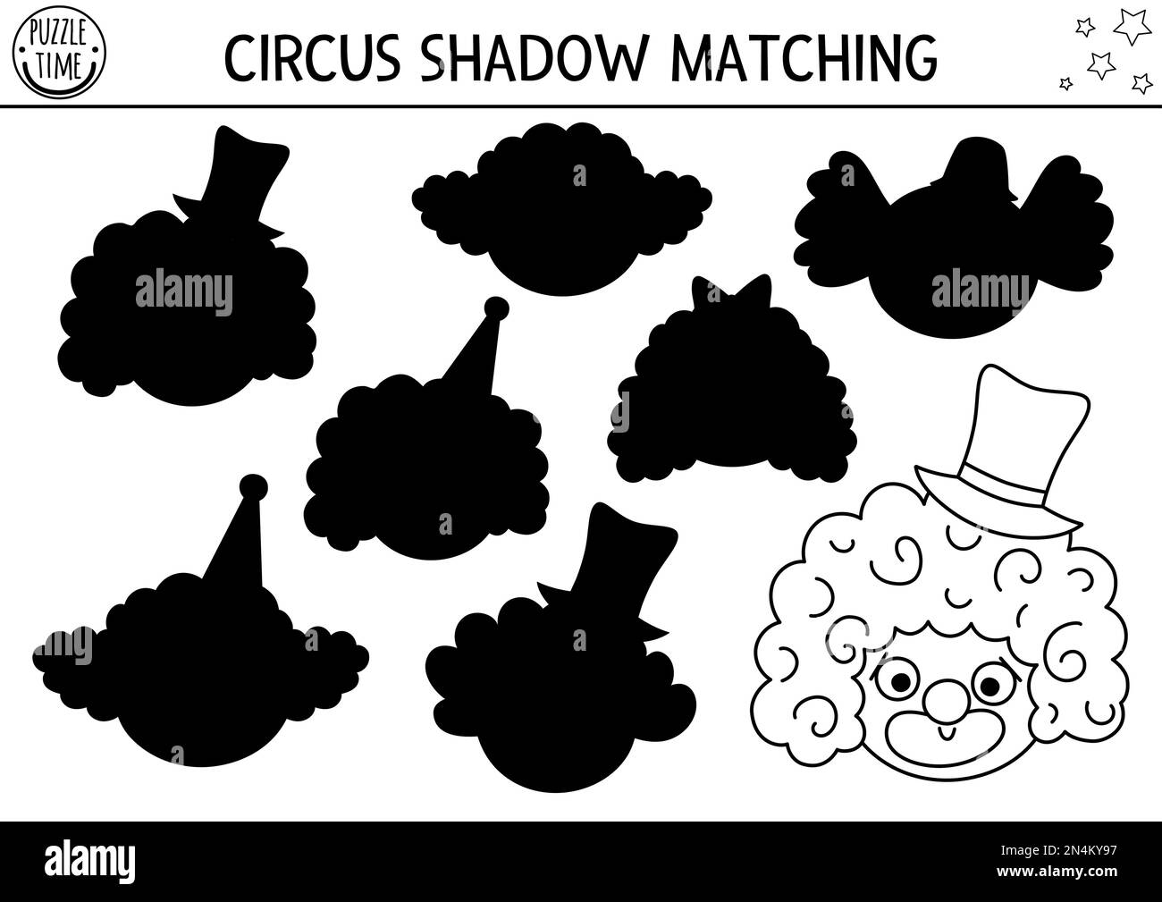 Circus black and white shadow matching activity with cute clown faces. Amusement show line puzzle. Find correct silhouette printable worksheet or game Stock Vector