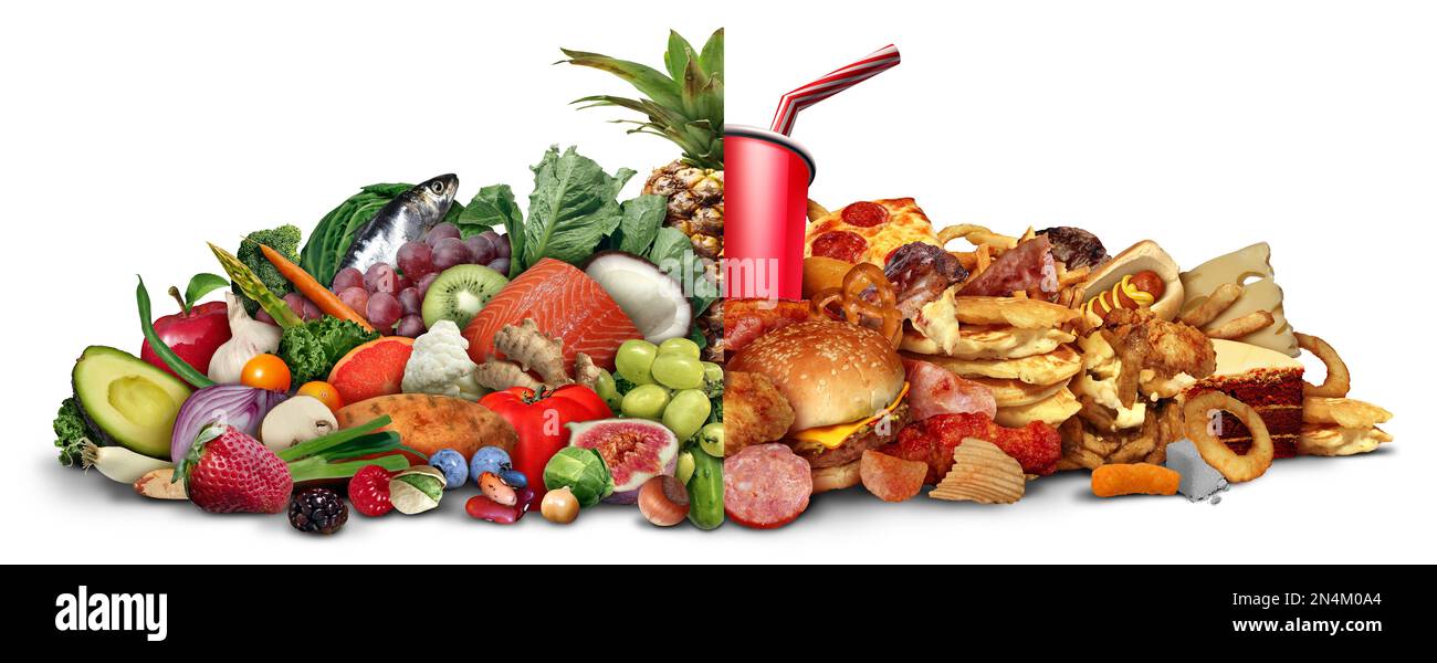 Unhealthy Foods high in saturated fats and cholesterol as greasy fried snacks contrasted with Healthy green Food as fresh whole vegetables and fruit w Stock Photo