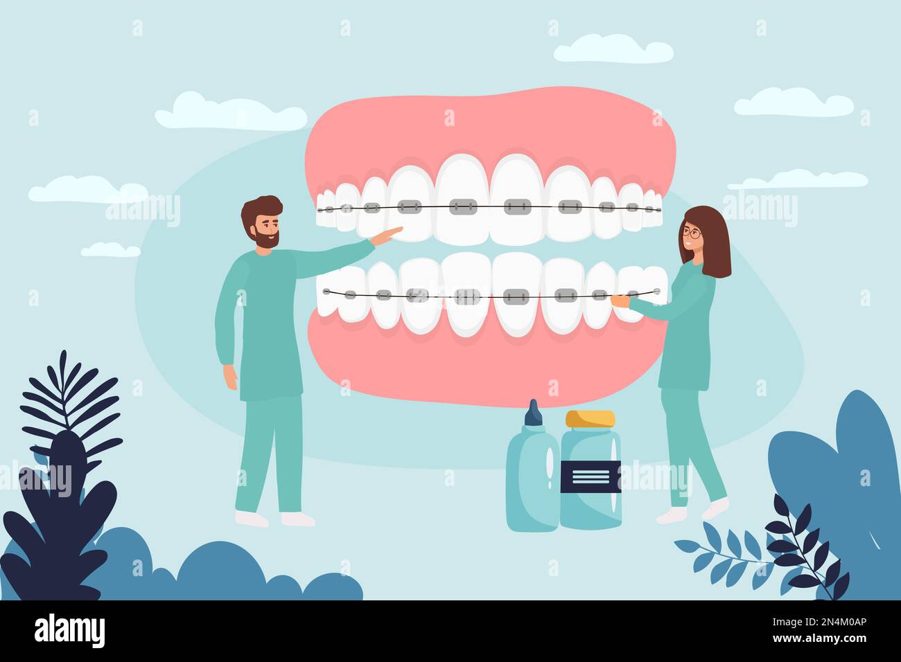 Orthodontist installs dental braces for straightening. Tiny Dentist