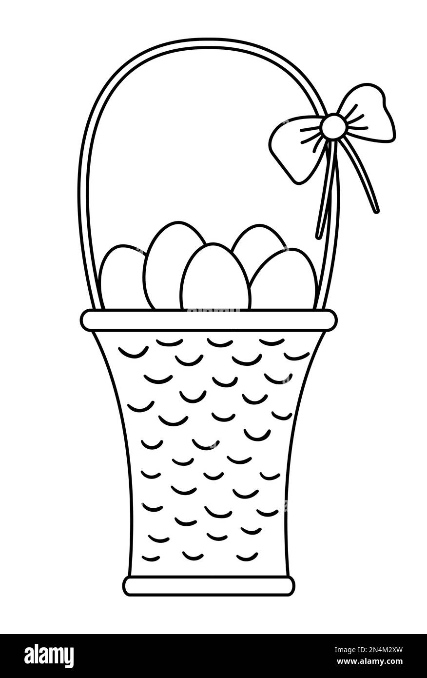 Vector black and white illustration of basket with eggs and bow. Easter ...