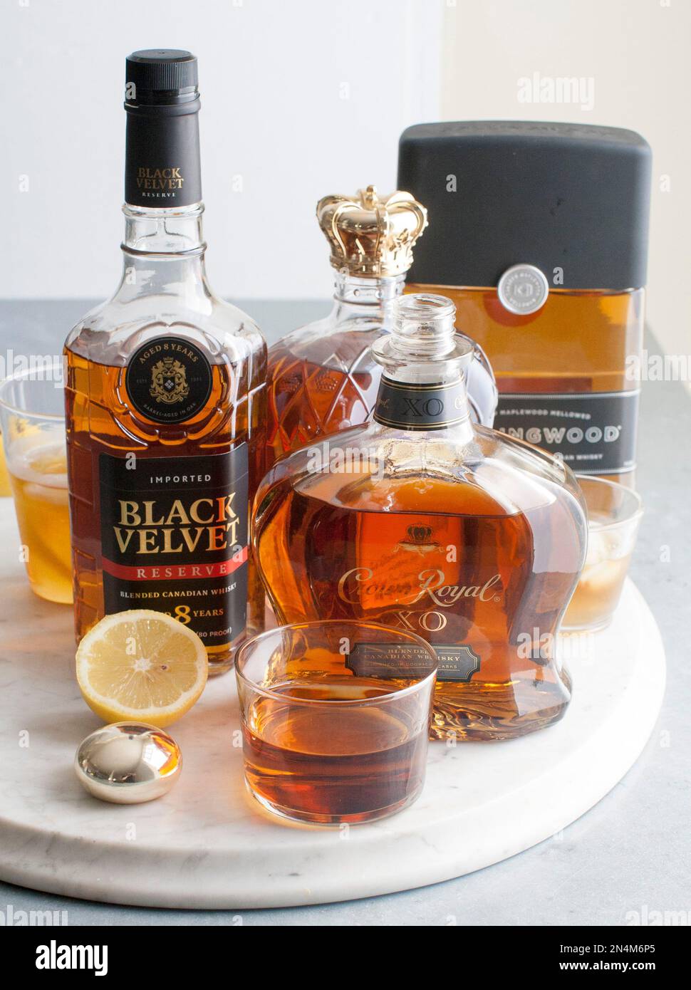 This June 2, 2014, photo shows Canadian whiskies from left to right