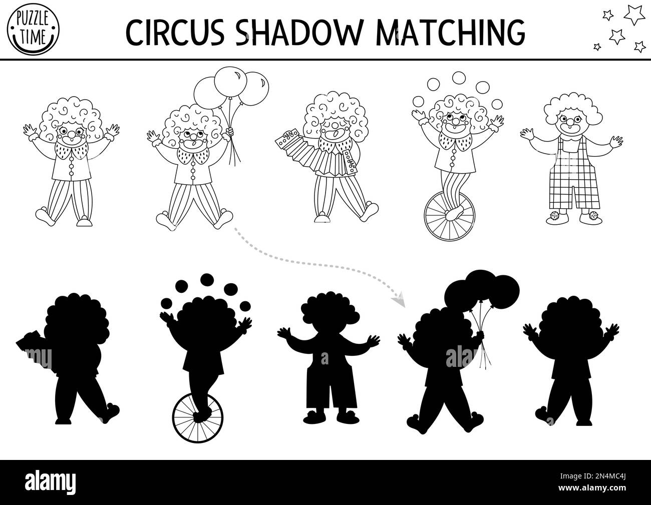 Circus black and white shadow matching activity with cute clowns. Amusement show line puzzle. Find correct silhouette printable worksheet or game. Ent Stock Vector