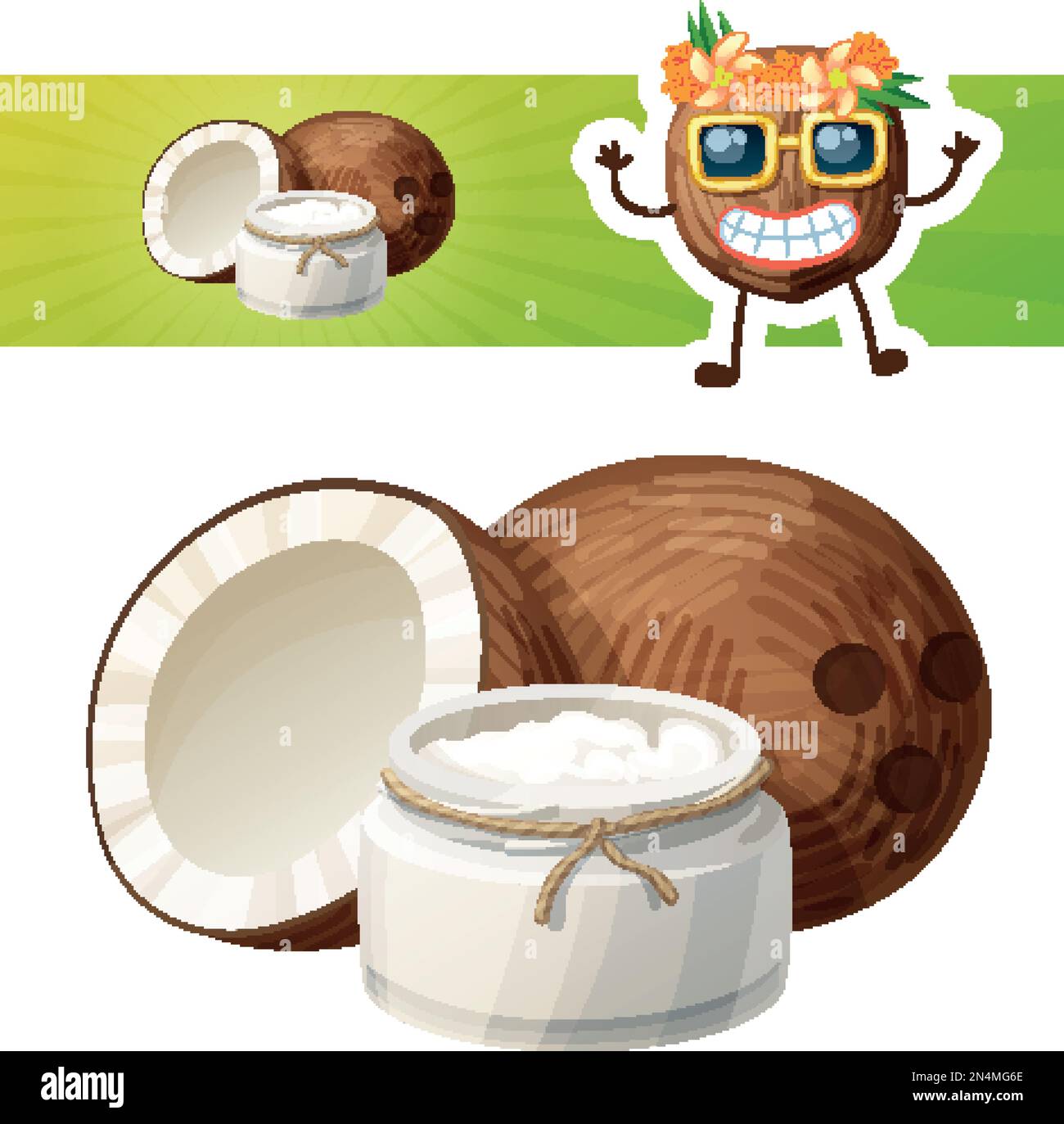 Coconut oil in a glass jar. Cartoon vector icon with a coconut character Stock Vector