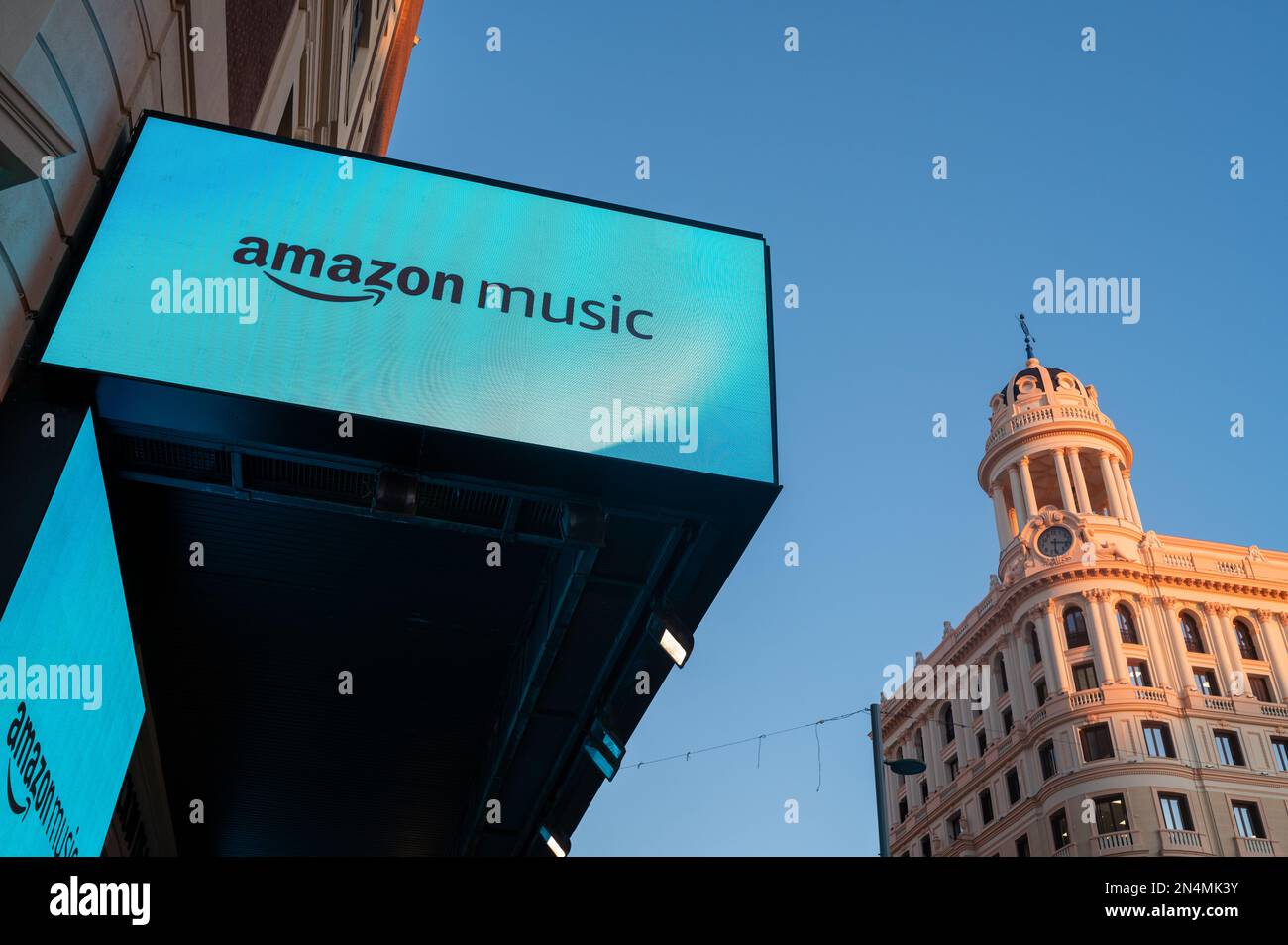 Amazon Music screen advertising in Gran Via, Madrid, Spain Stock Photo