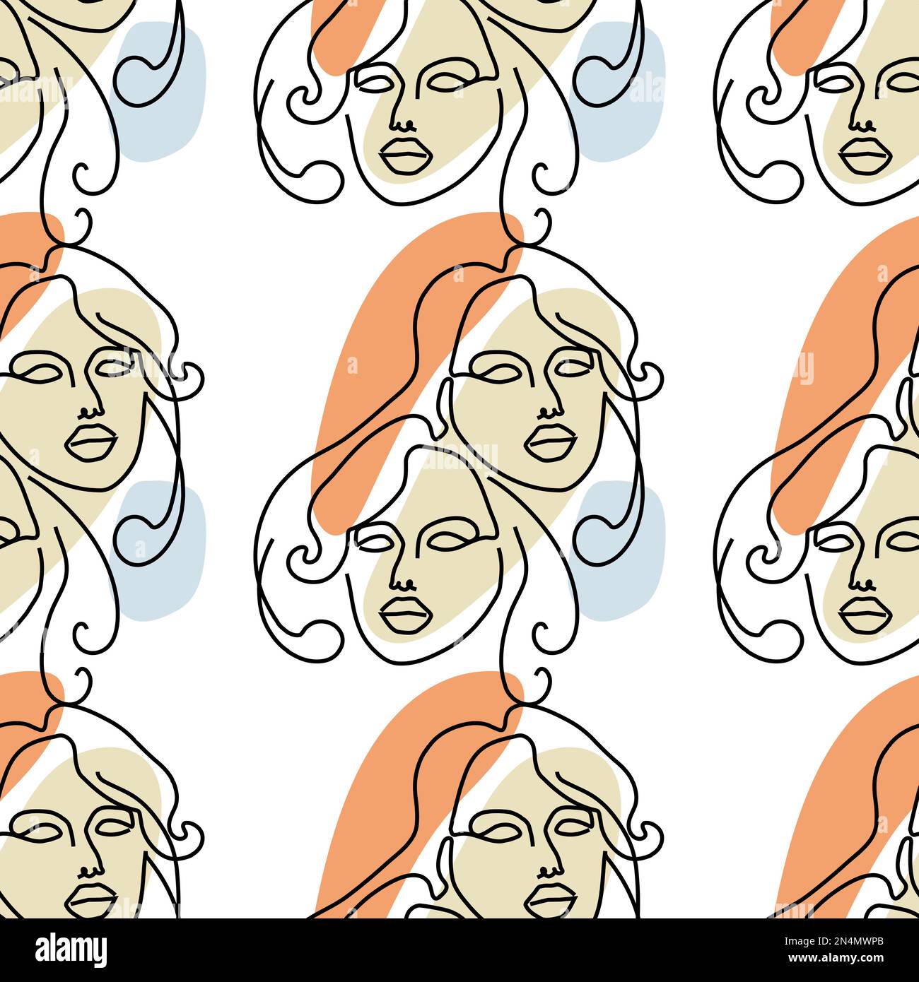 Seamless pattern with illustration woman face in a line art style on a ...