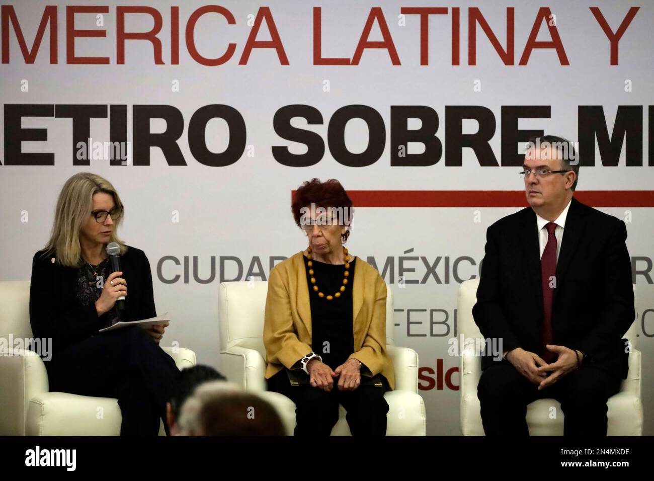 Mexico City, Mexico. 8th Feb, 2023. The Norwegian ambassador to Mexico, Ragnhild Imerslund; the Undersecretary of Foreign Relations of Mexico, Carmen Moreno Toscano and the Foreign Minister of Mexico, Marcelo Ebrard at the inauguration of the Retreat on Mediation 'Latin America and the Caribbean'' at the Ministry of Foreign Relations in Mexico City. Credit: ZUMA Press, Inc./Alamy Live News Stock Photo