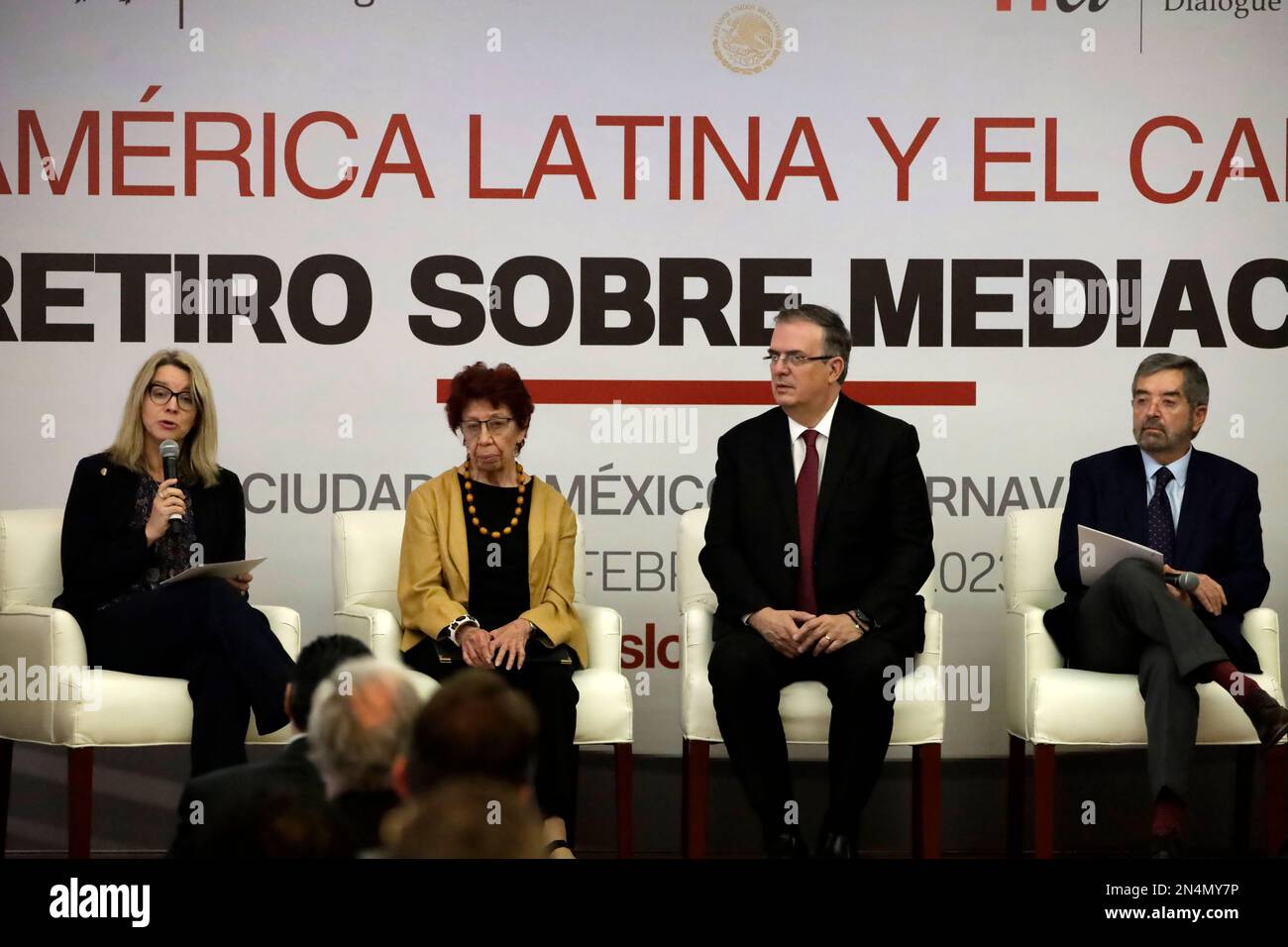 Mexico City, Mexico. 8th Feb, 2023. The Norwegian ambassador to Mexico, Ragnhild Imerslund; the Undersecretary of Foreign Relations of Mexico, Carmen Moreno Toscano; the foreign minister of Mexico, Marcelo Ebrard and the representative of Mexico to the United Nations, Juan Ramon de la Fuente at the inauguration of the Retreat on Mediation ''Latin America and the Caribbean'' at the Ministry of Foreign Affairs in Mexico City. Credit: ZUMA Press, Inc./Alamy Live News Stock Photo