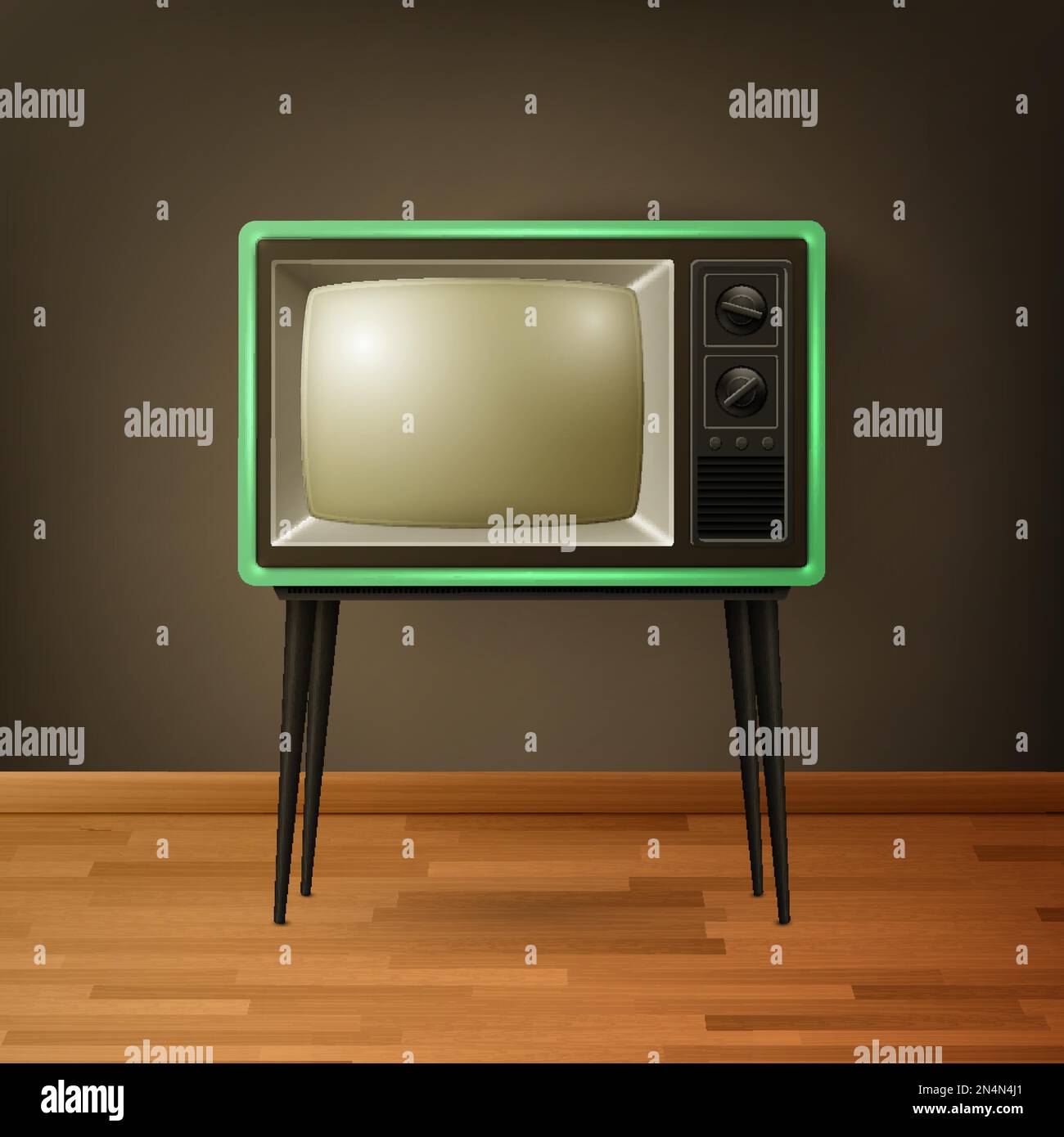 Vector 3d Realistic Retro TV Receiver on Wooden Floor. Home Interior Design Concept. Vintage TV Set, Television, Front View Stock Vector
