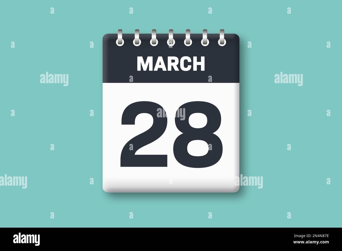 March 28 - Calender Page / Sheet with Date - 28th of March on Cyan / Bluegreen Background Stock Photo