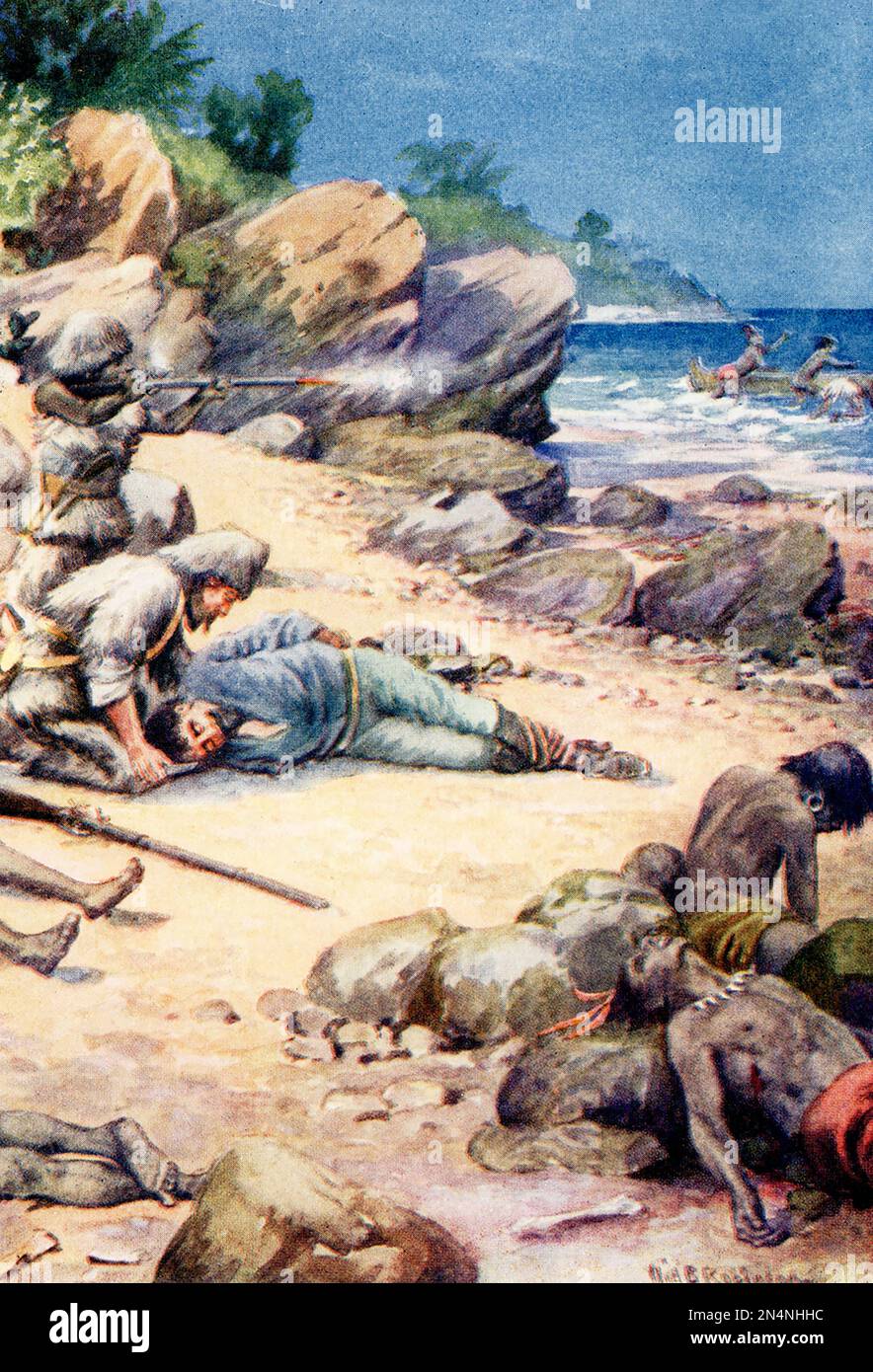The 1917 caption reads: Robinson ran to the white prisoner and cut his bonds.” Robinson Crusoe is a novel written by the English novelist Daniel Defoe and published in 1719. A fictional autobiography,  it tells the tale of an English castaway named  Robinson Crusoe (here seen saving a man from a group of cannibals) who spent 28 years on a remote tropical island near Venezuela before he was rescued. Stock Photo