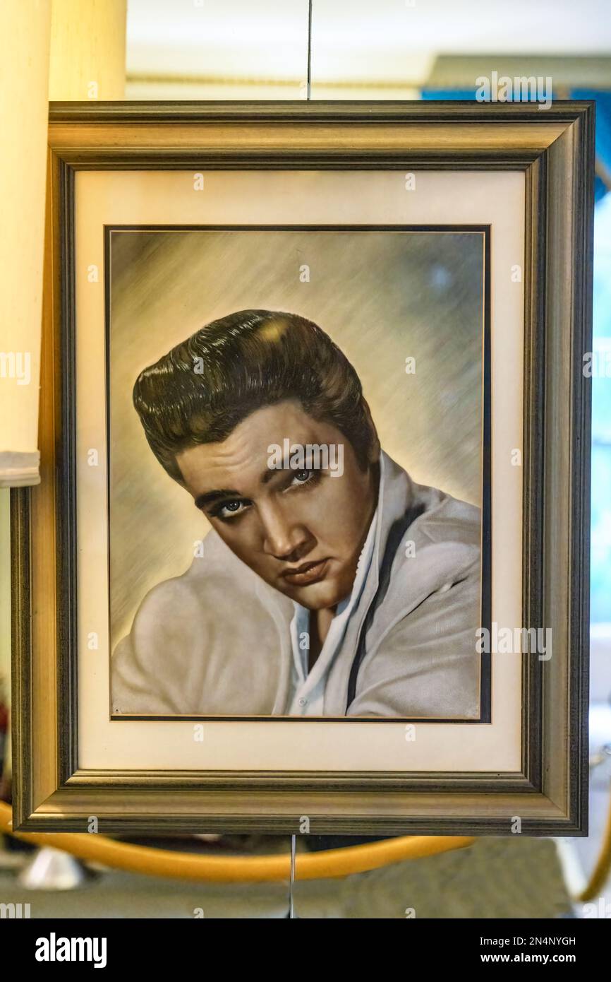 Oil portrait of Elvis Presley at Graceland, his home in Memphis, Tennessee. Stock Photo