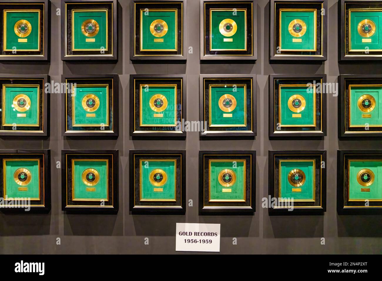 Wall of Elvis Gold Records in the Elvis Presley's Memphis Entertainment Complex at Graceland in Memphis, Tennessee. Stock Photo