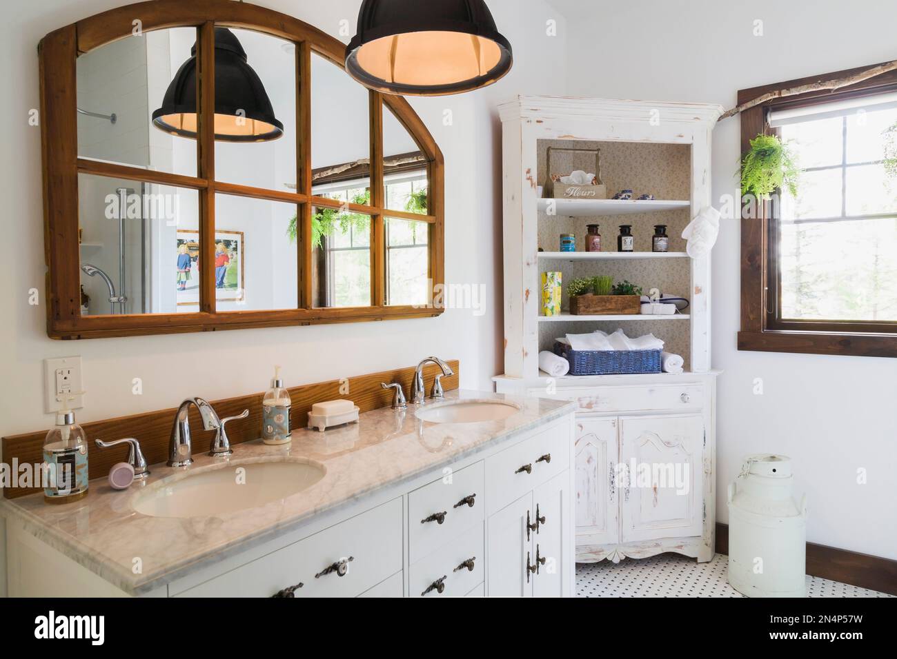 Shared bathroom with white wooden his and hers sink cabinet with quartz ...