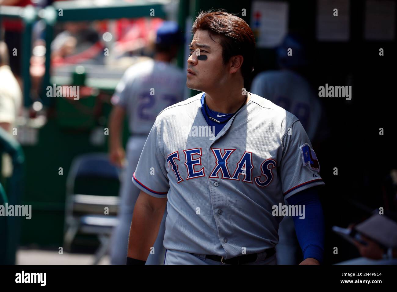 Texas Rangers left fielder Shin-Soo Choo (17) walks in the dugout during a  baseball game against the Washington Nationals at Nationals Park Saturday,  May 31, 2014, in Washington. (AP Photo/Alex Brandon Stock
