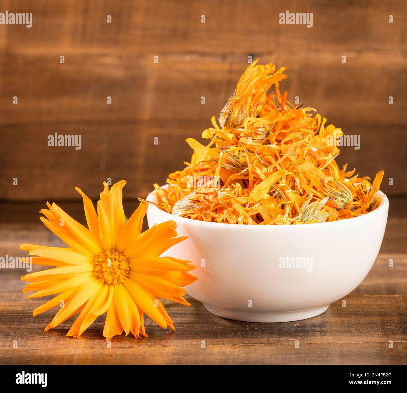 Organic dried calendula flower and petals Calendula officinalis Stock