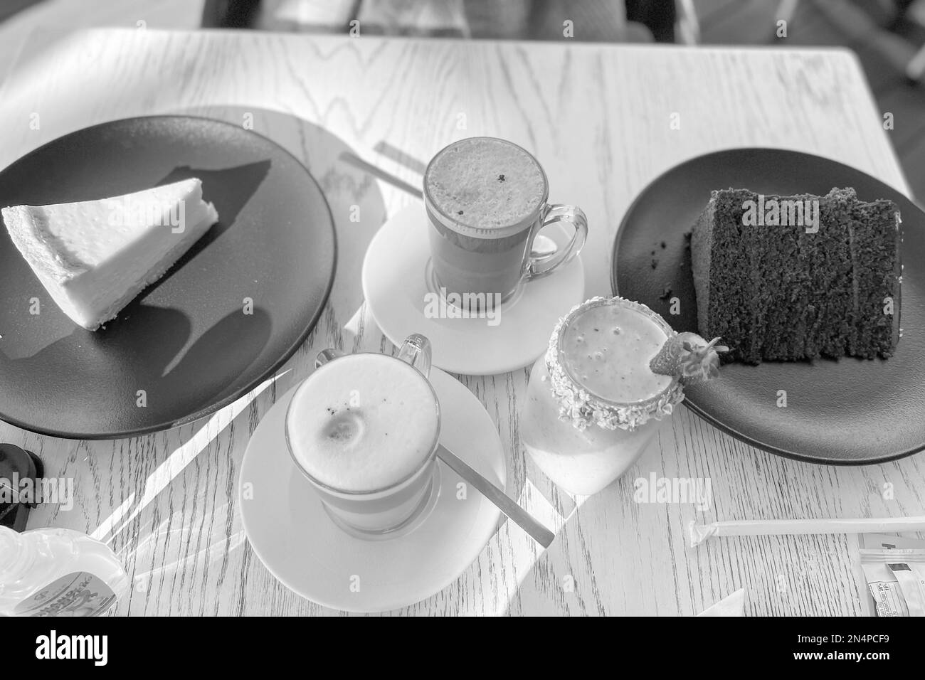 Cheese, chocolate, latte for afternoon snack Stock Photo