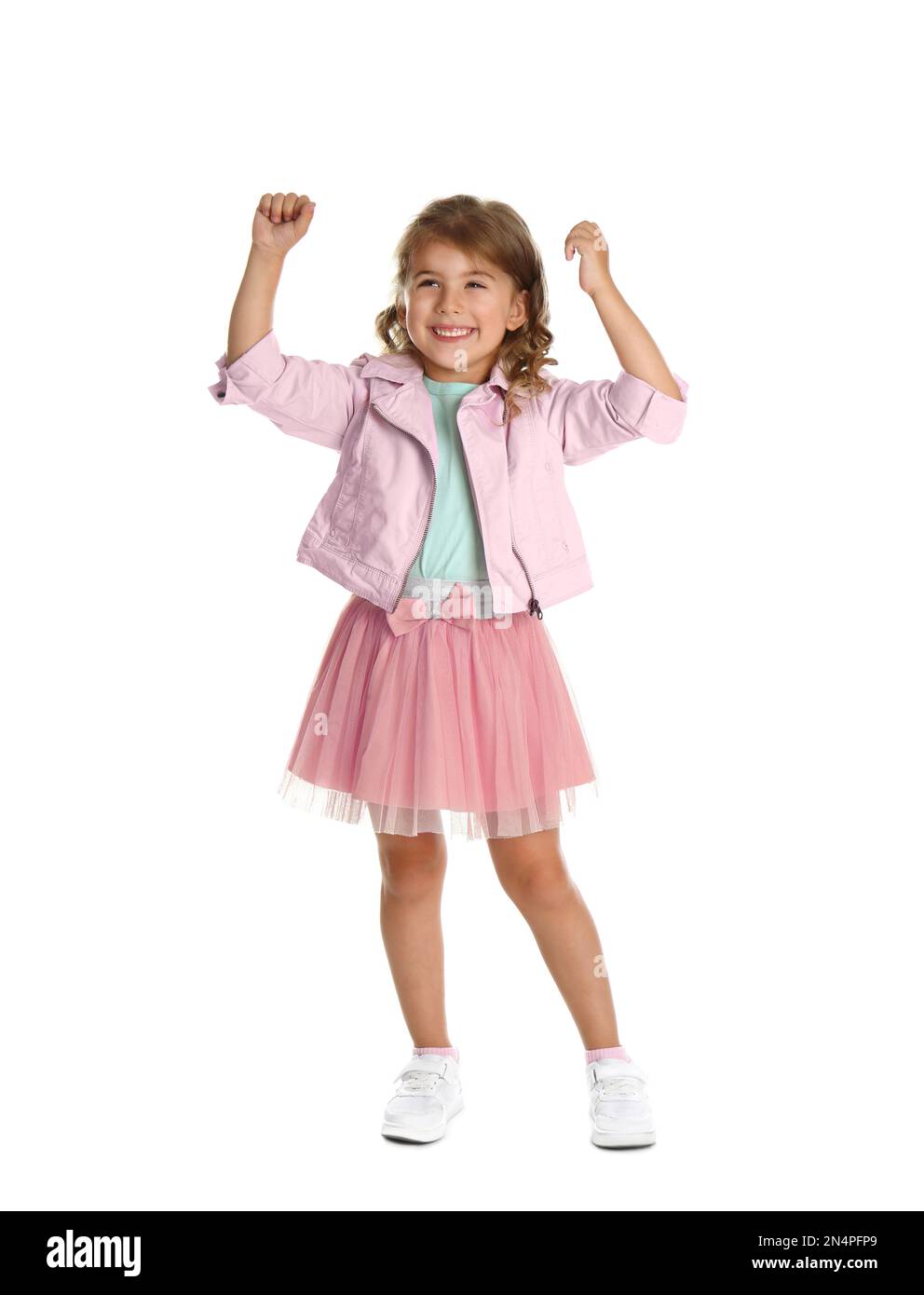 Full length portrait of emotional little girl on white background Stock ...