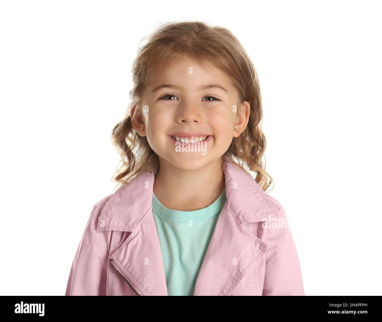 Portrait of cute little girl on white background Stock Photo - Alamy