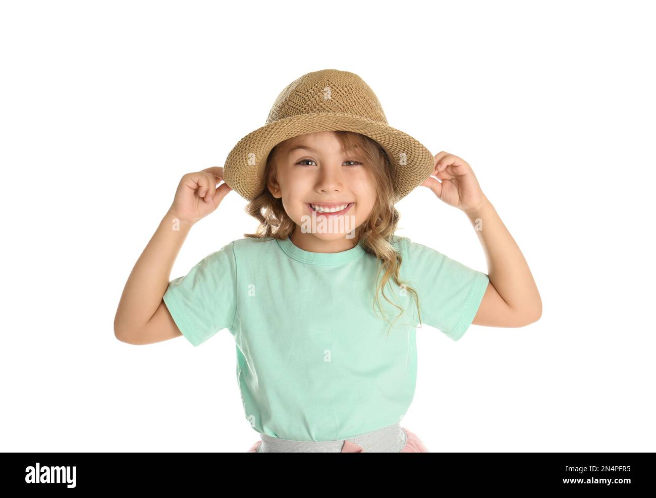 Portrait of cute little girl on white background Stock Photo - Alamy