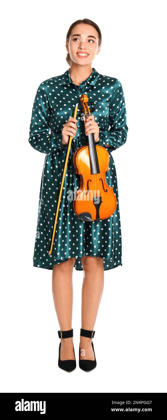 Beautiful woman with violin on white background Stock Photo - Alamy