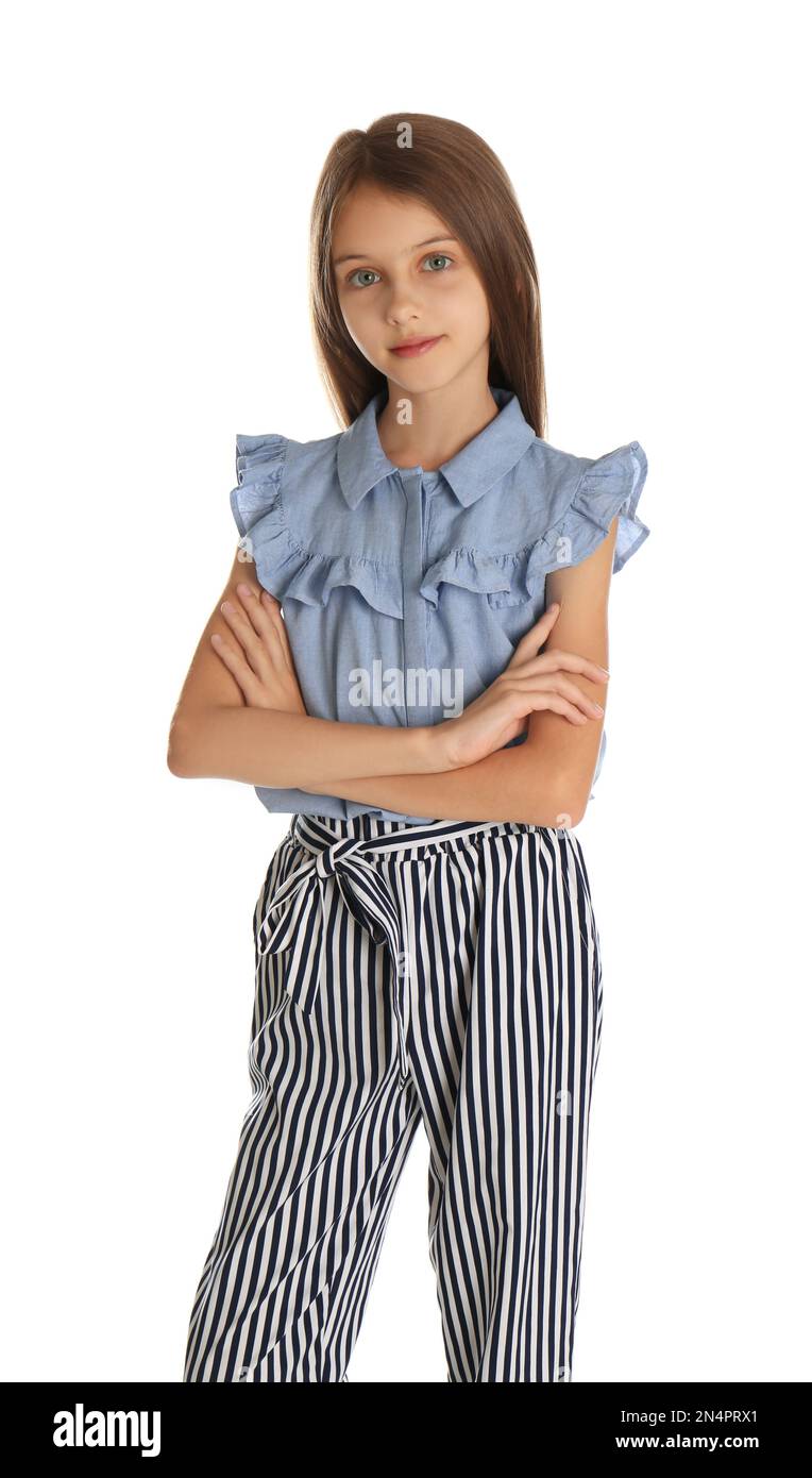 Portrait of cute little girl on white background Stock Photo - Alamy