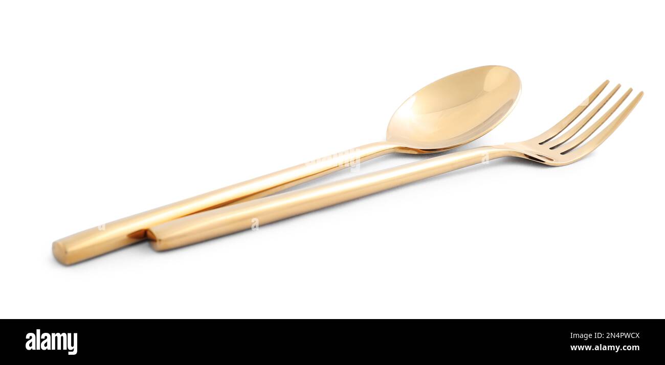 New clean shiny cutlery isolated on white Stock Photo Alamy