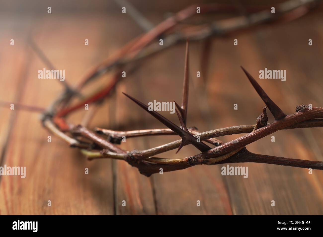 Crown of thorns on wooden table, closeup. Easter attribute Stock Photo