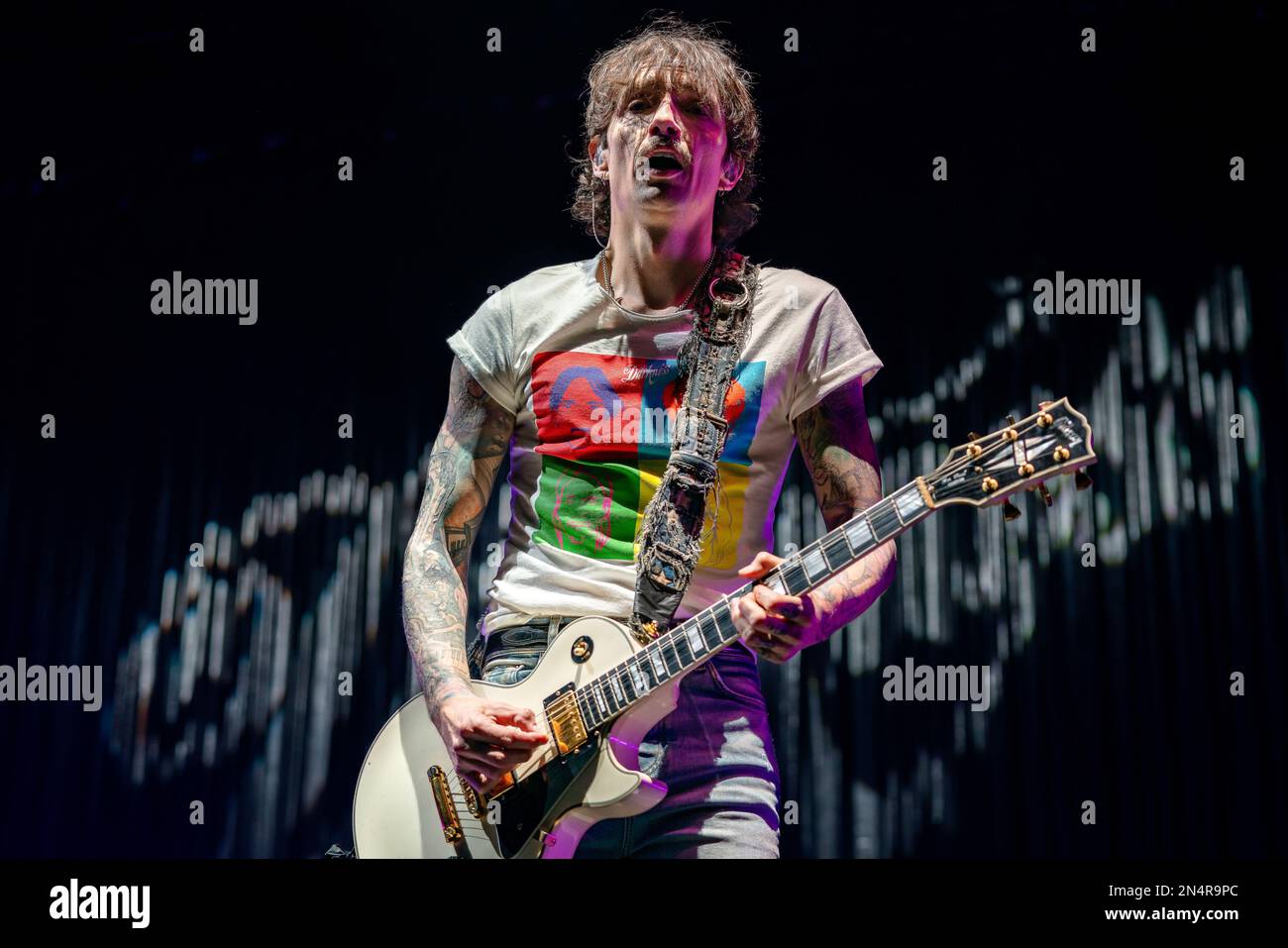 LONDON, UK. 4th Feb, 2023. Justin Hawkins of The Darkness on stage at OVO  Arena with guitar wearing his bands T-shirt. Black Stone Cherry & The  Darkness Â·co headline tour 04 Feb