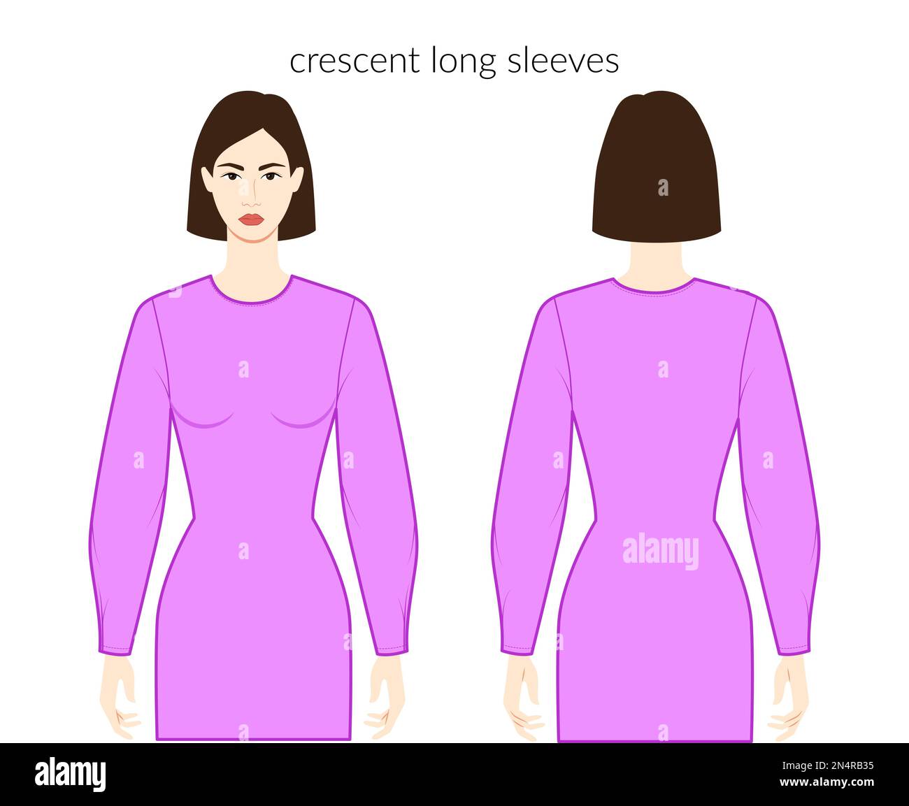 Crescent sleeves long length clothes character beautiful lady in purple top, shirt, dress technical fashion illustration, fitted. Flat apparel template front, back sides. Women, men unisex CAD mockup Stock Vector
